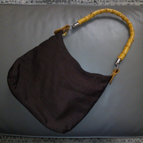 Silky Brown Satchel Purse with Bamboo Top Handle - Picture 3 of 10
